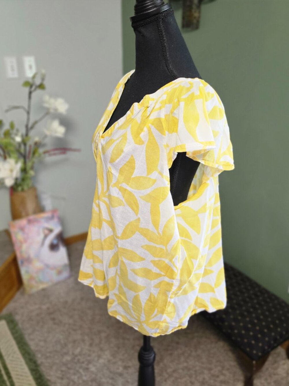 SONOMA Goods For Life Yellow & White Tropical Leaf Print Blouse Size XL
